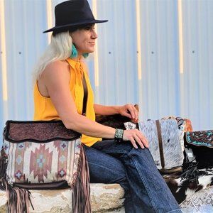 Large Hand Tooled Crossbody Fringe Handbag Leather